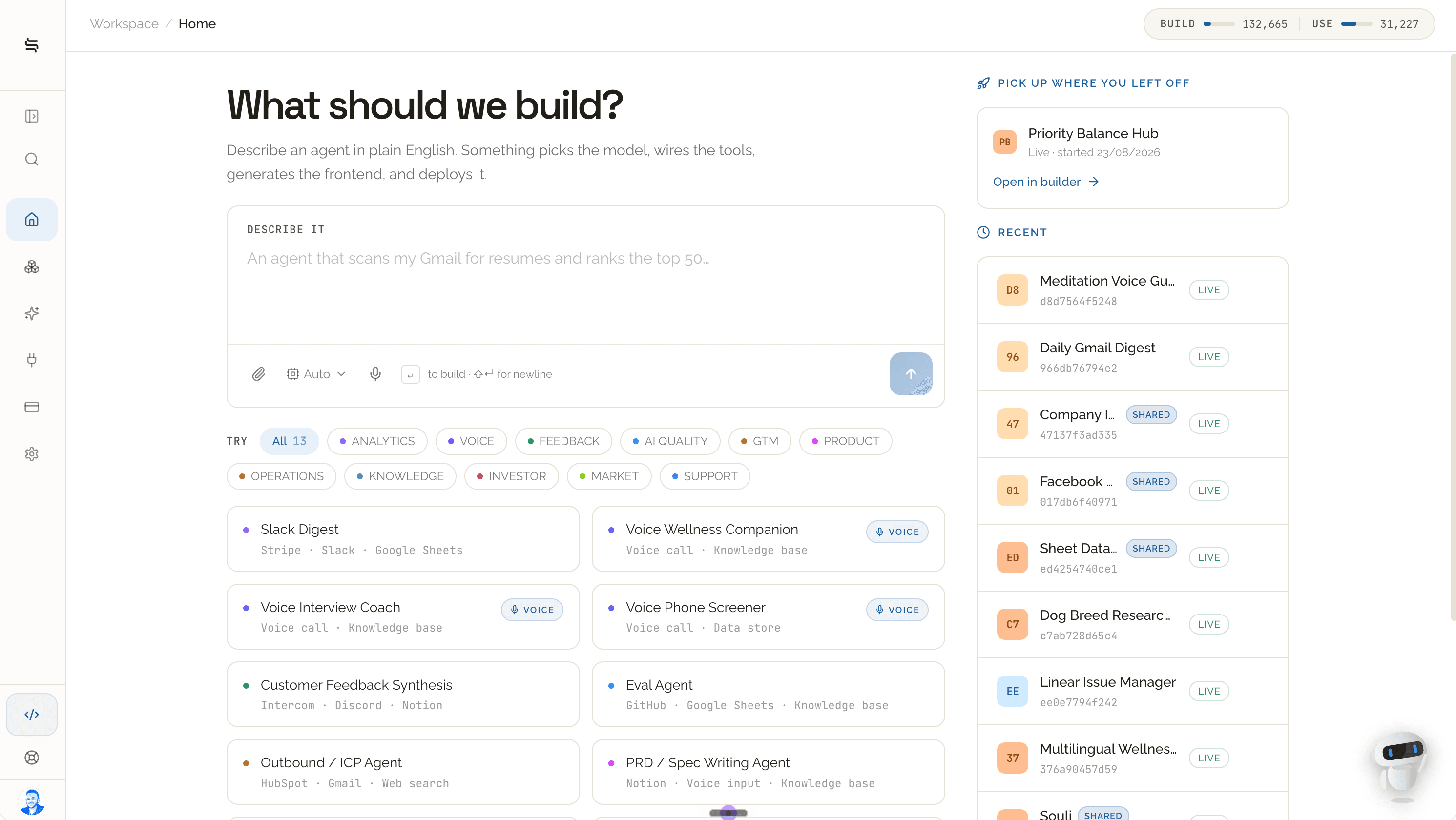The Something workspace asking “What should we build?”, with a prompt box, template categories, and recent agents listed down the right.