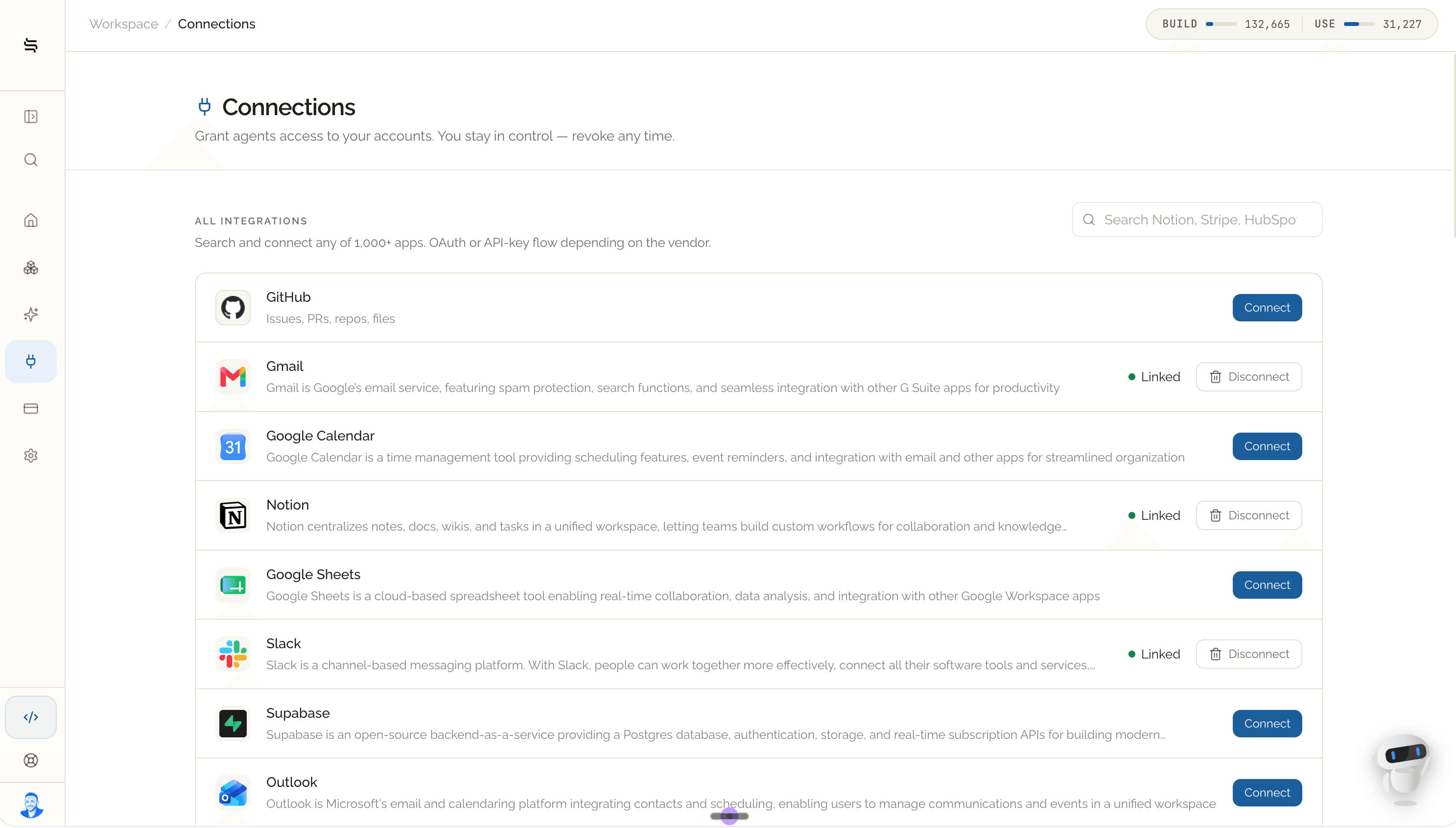 The Connections screen listing integrations such as GitHub, Gmail, Notion and Slack, each with a Connect button or a linked state.