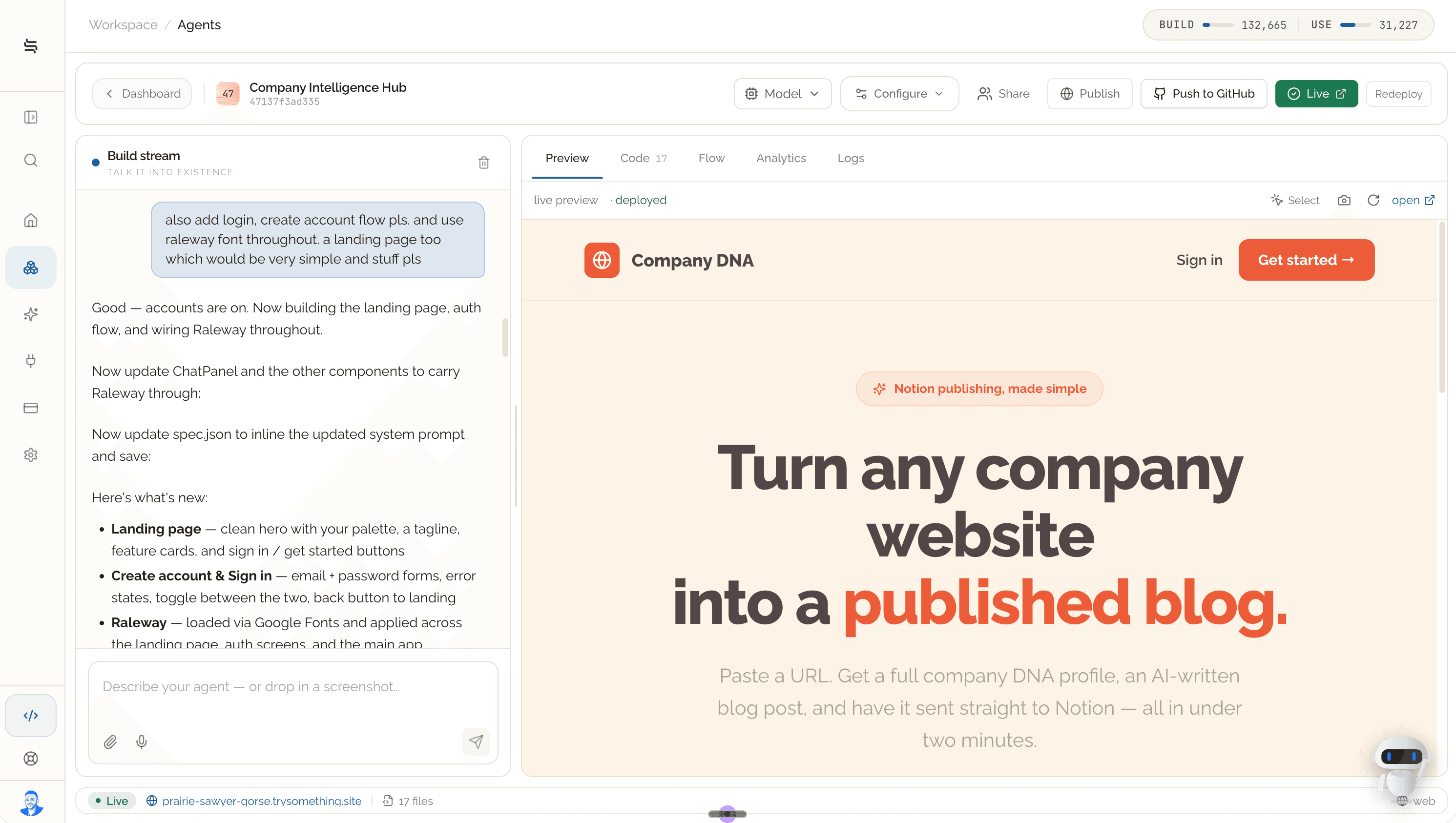 The builder with the build stream on the left and a live preview of a deployed app on the right, marked live with a public URL.